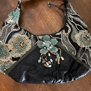 Mary Frances 3D flower,Black Leather Large Shoulder Bag,Beads,Other Adornments